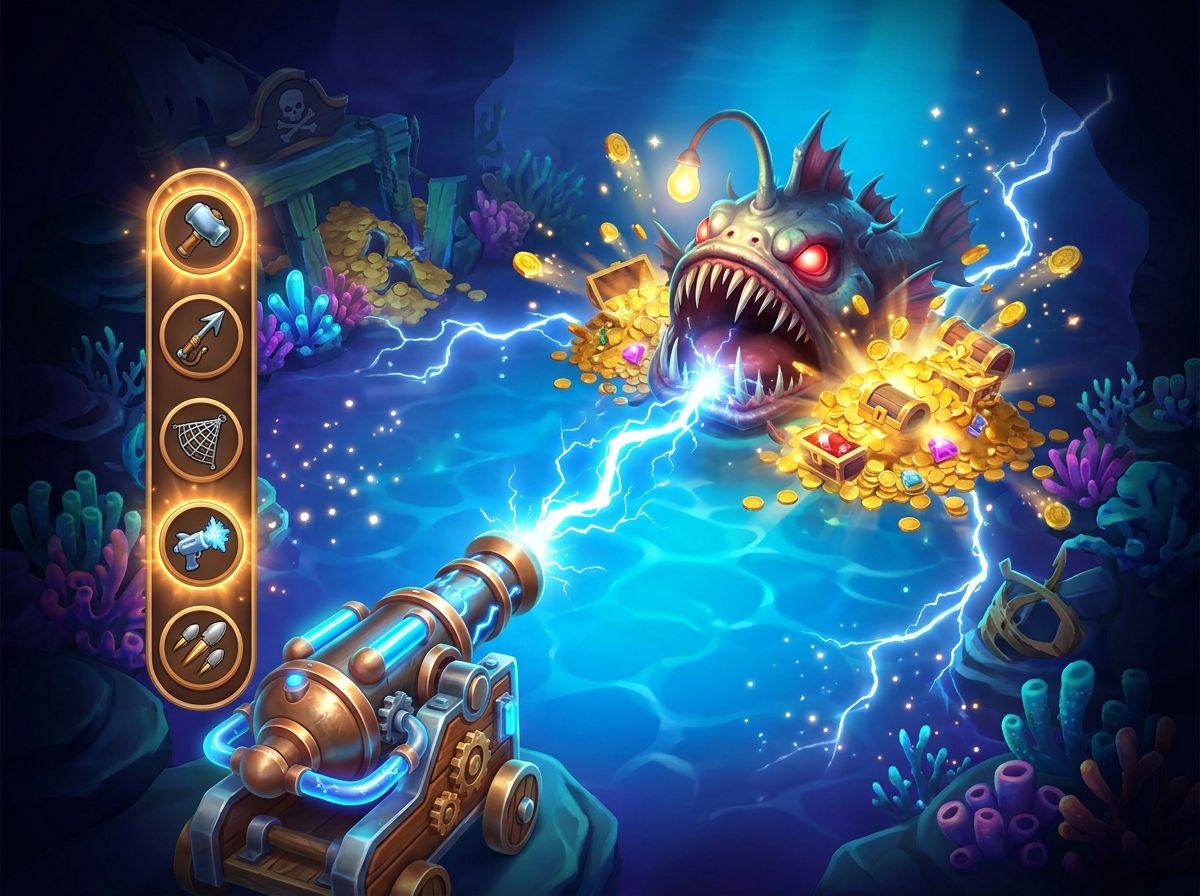 An illustration of a feature-rich fish-shooting game: a charged cannon fires lightning at a boss anglerfish, with a weapon picker.