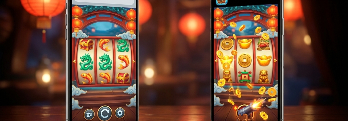 An illustration of two phones showing Chinese-themed slot games, one in a browser and one in an app.