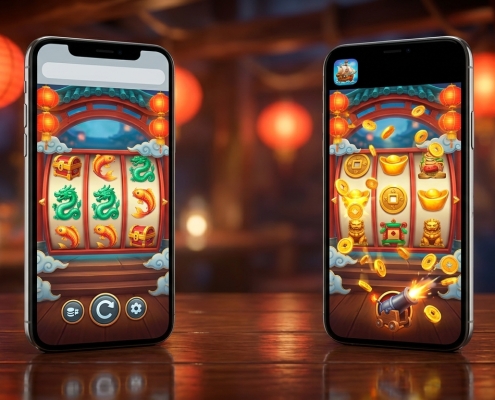 An illustration of two phones showing Chinese-themed slot games, one in a browser and one in an app.