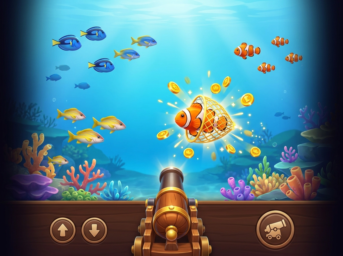 An illustration of a classic fish-shooting game: a cannon at the bottom nets a clownfish in a burst of coins.