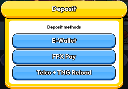 Pirate777 cashier Deposit methods screen at RM10 showing three buttons: E-Wallet, FPX Pay and Telco + TNG Reload