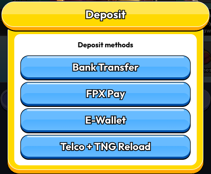 Pirate777 cashier Deposit methods screen at RM100 showing four buttons: Bank Transfer, FPX Pay, E-Wallet and Telco + TNG Reload