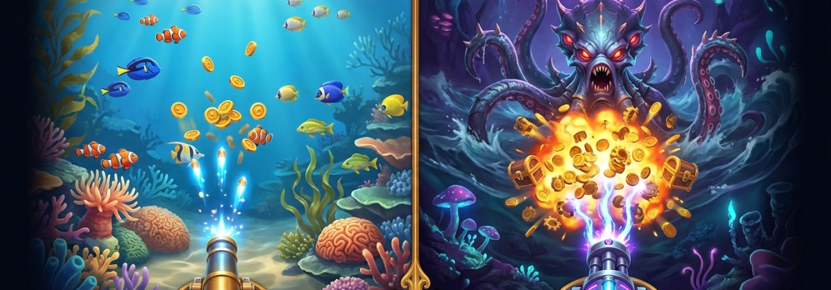 An illustration of two fish-shooting game styles side by side: a calm reef playfield and a boss-battle playfield.