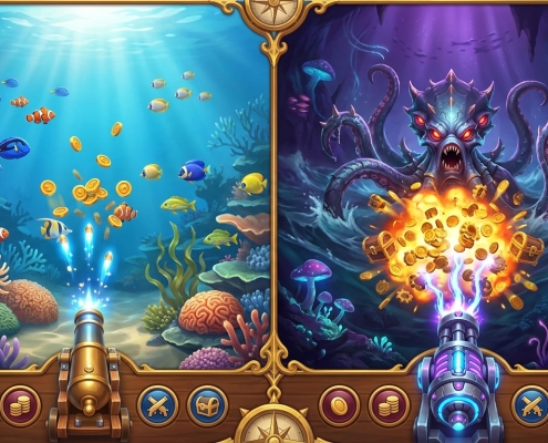 An illustration of two fish-shooting game styles side by side: a calm reef playfield and a boss-battle playfield.