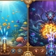 An illustration of two fish-shooting game styles side by side: a calm reef playfield and a boss-battle playfield.