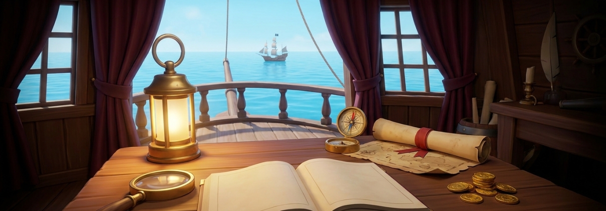An illustration of a captain’s desk with an open blank ledger, a magnifying glass, a compass and a rolled map, with the sea through the cabin windows.