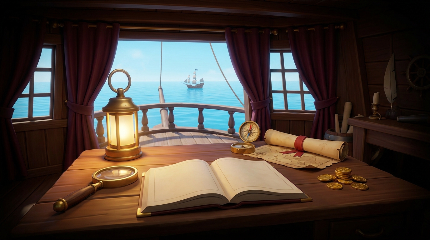 An illustration of a captain’s desk with an open blank ledger, a magnifying glass, a compass and a rolled map, with the sea through the cabin windows.