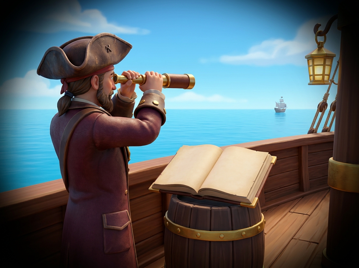 An illustration of a pirate navigator on deck looking through a spyglass at a distant ship, with an open logbook beside him.