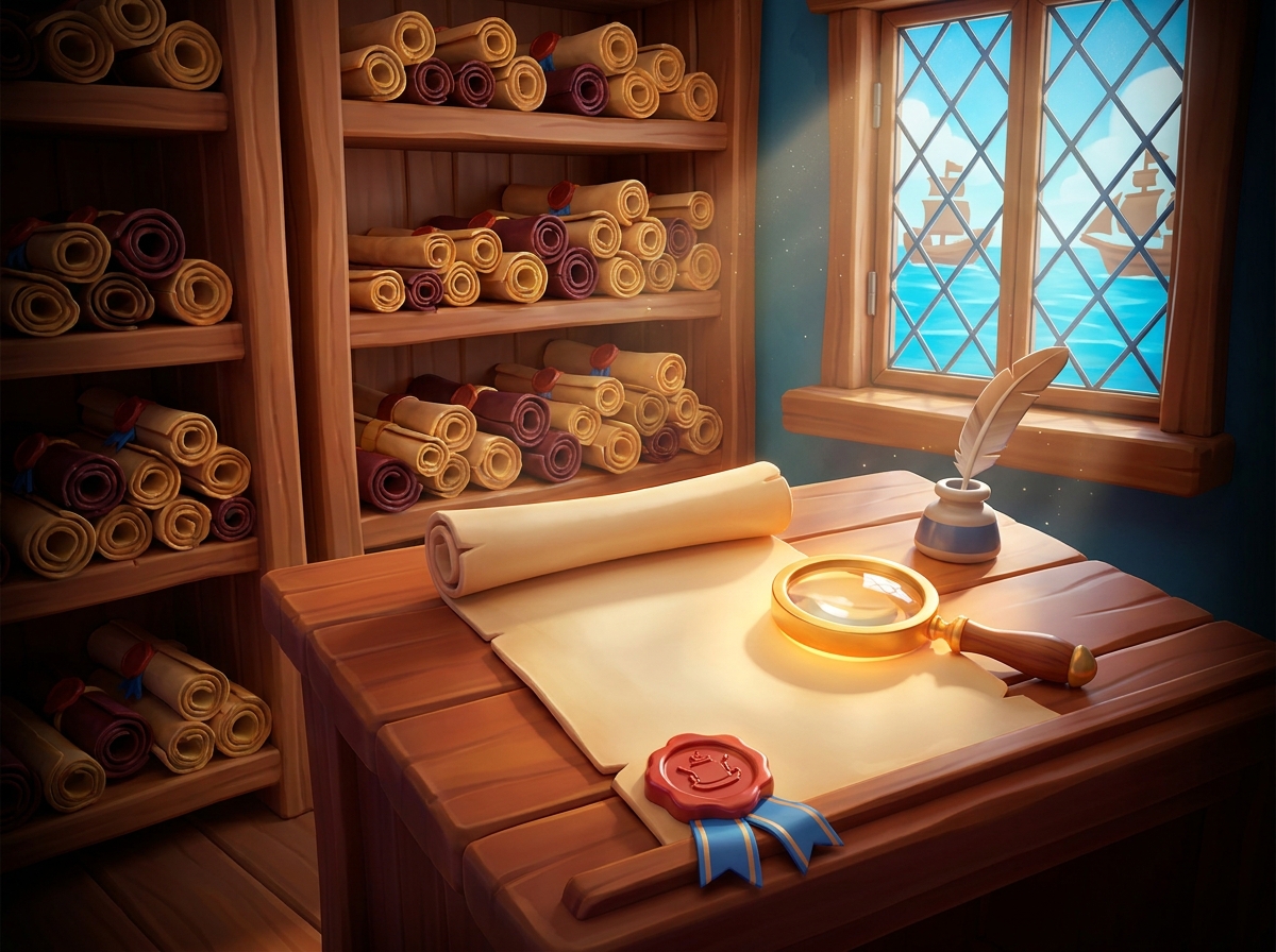 An illustration of an archive of sealed scrolls, with one blank scroll under a magnifying glass on a desk.