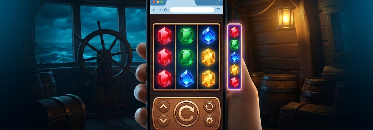 An illustration of a hand holding a smartphone playing a gemstone slot in a web browser.