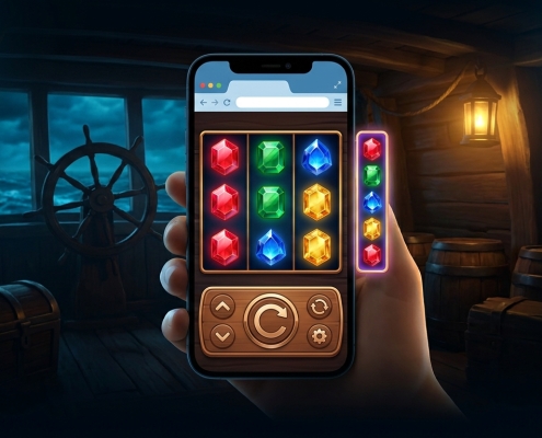An illustration of a hand holding a smartphone playing a gemstone slot in a web browser.