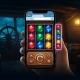 An illustration of a hand holding a smartphone playing a gemstone slot in a web browser.