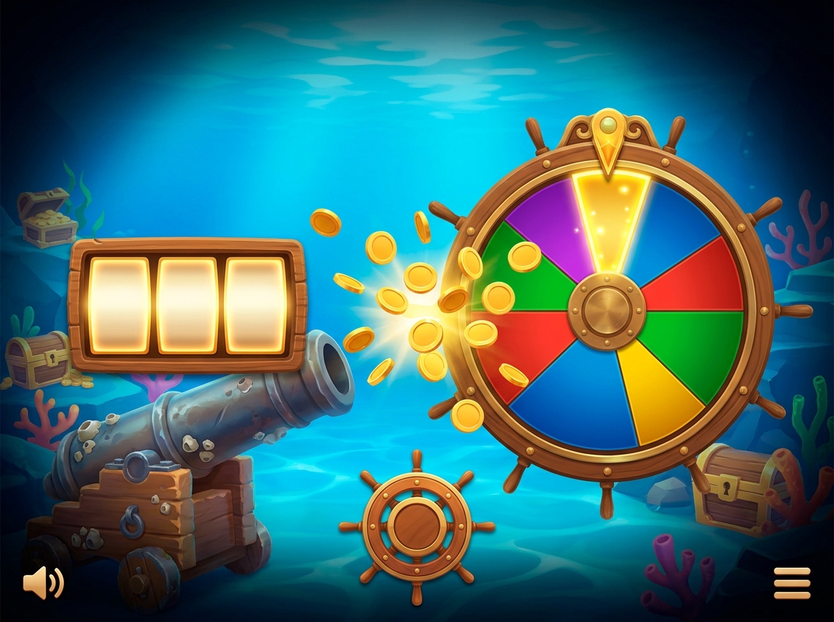 An illustration of a slot screen with a single row of glowing tiles beside a colourful prize wheel and a burst of gold coins.