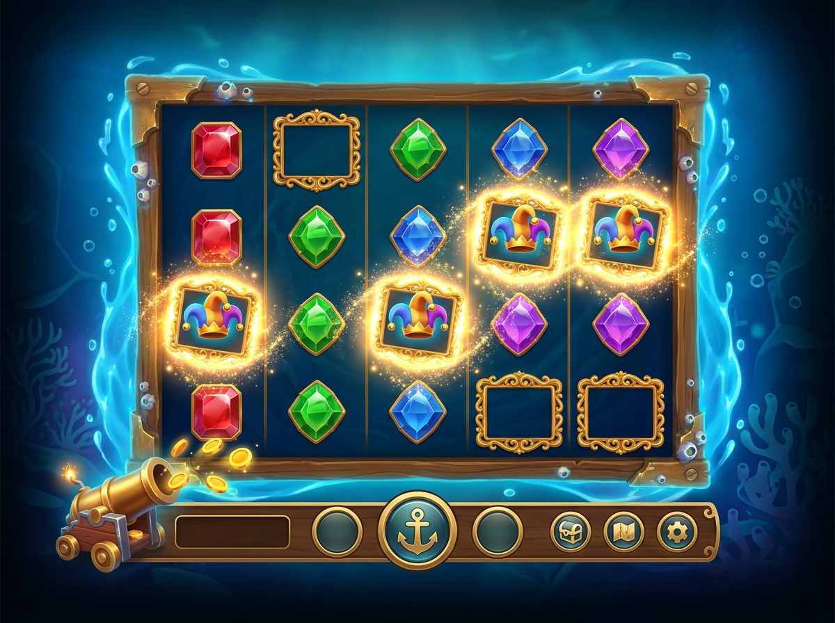 An illustration of a slot grid where glowing golden frames flip over into jester symbols.