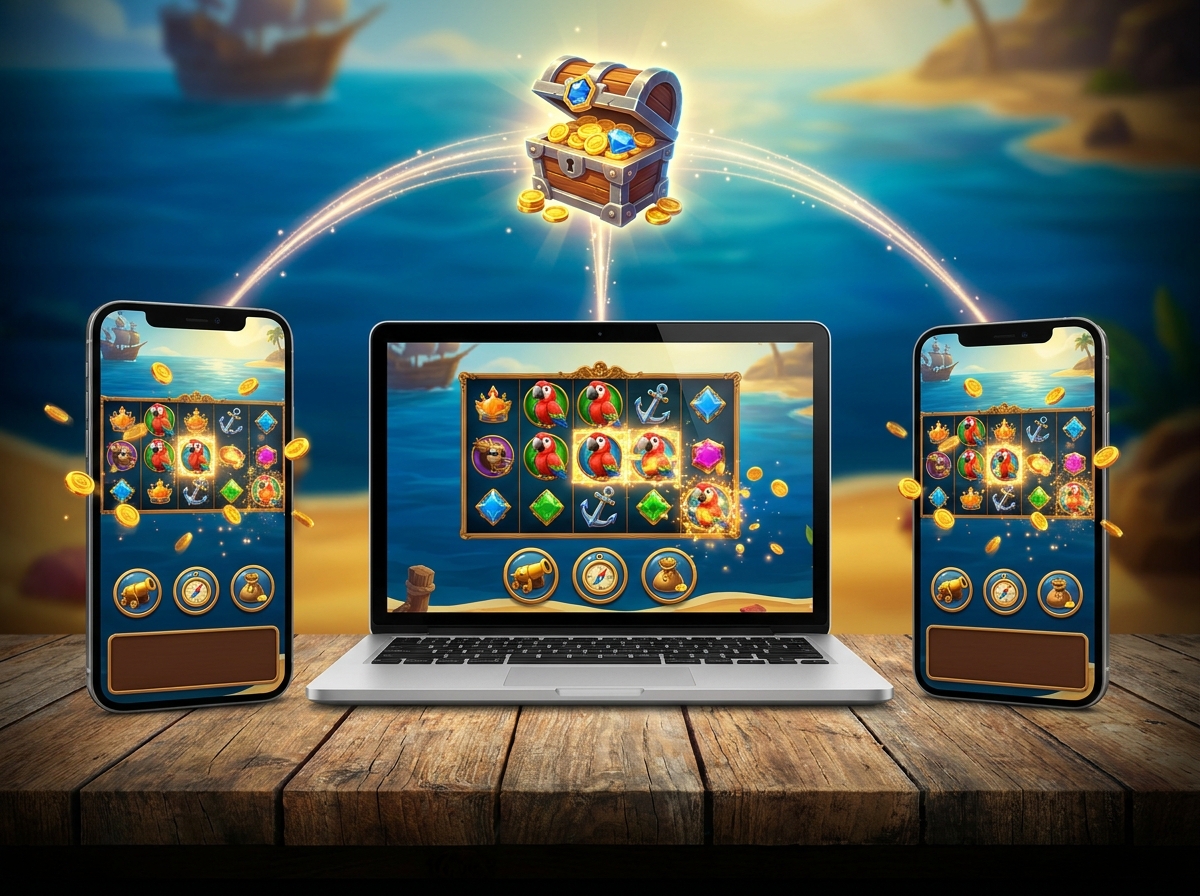 An illustration of the same pirate-themed slot game on two phones and a laptop, each linked to one treasure chest.