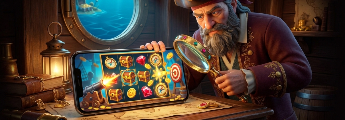 An illustration of a pirate character inspecting a slot game on a phone with a magnifying glass.