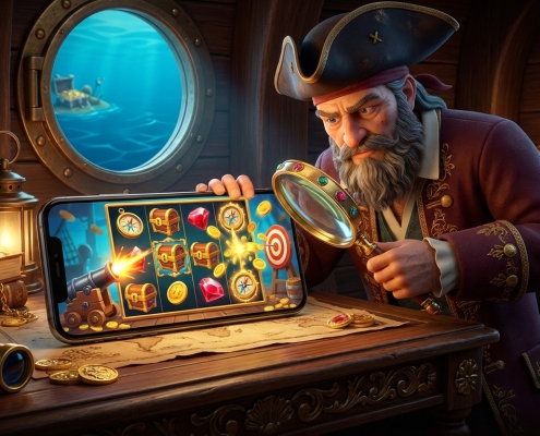 An illustration of a pirate character inspecting a slot game on a phone with a magnifying glass.