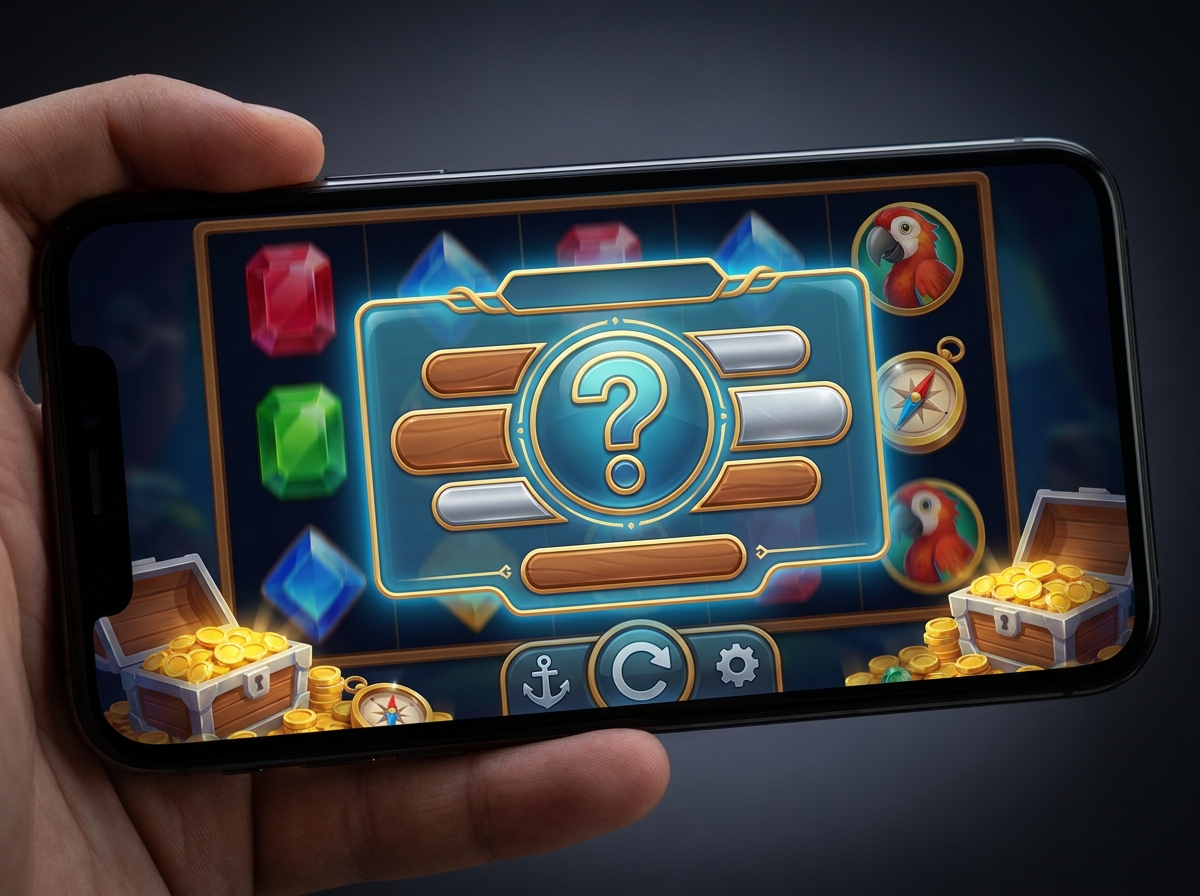 An illustration of a phone showing a slot game with an information panel that has a large question mark where a figure would be.