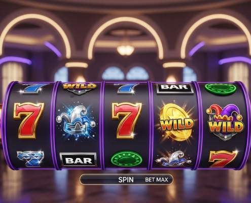 Five-reel slot machine with Wild, BAR and 7 symbols above a Spin button