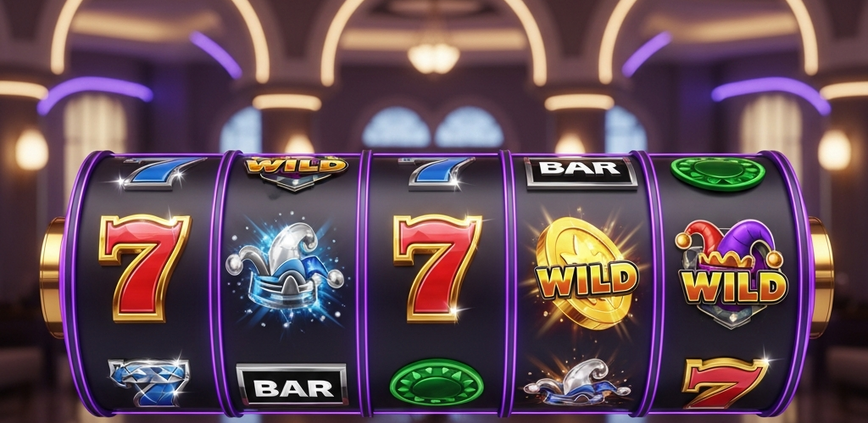 Five-reel slot machine with Wild, BAR and 7 symbols above a Spin button