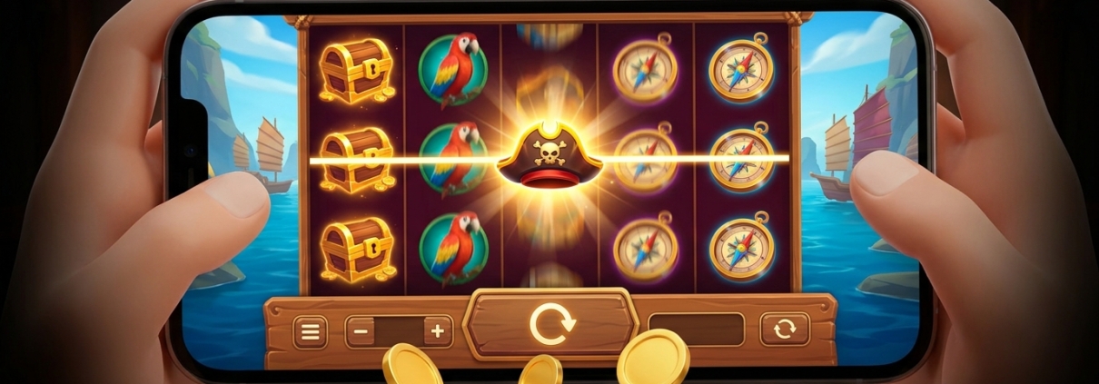 An illustration of a pirate-themed slot on a phone, with a golden hat wild on a winning line and gold coins falling.
