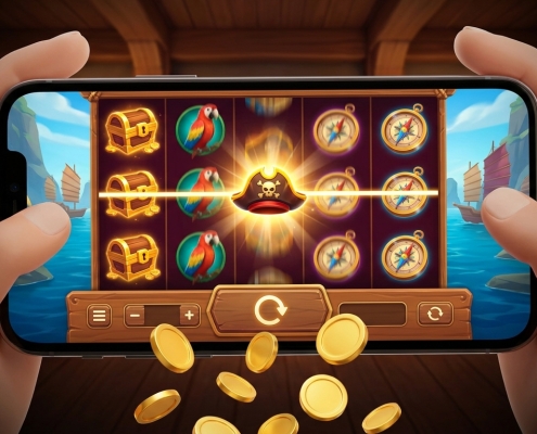 An illustration of a pirate-themed slot on a phone, with a golden hat wild on a winning line and gold coins falling.