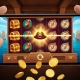 An illustration of a pirate-themed slot on a phone, with a golden hat wild on a winning line and gold coins falling.