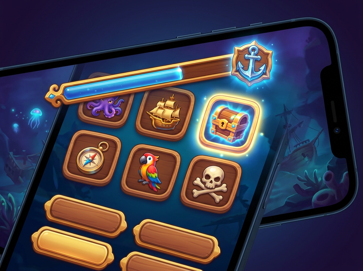 An illustration of a phone showing a pirate-themed slot lobby with one tile selected and a rank progress bar.
