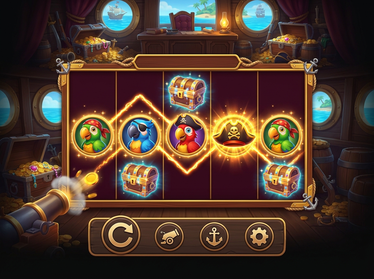 An illustration of pirate-themed slot reels with a winning line, a golden hat wild and treasure-chest scatters.