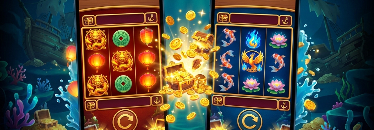 An illustration of two Asian-themed slot games side by side in phone browsers, with a burst of gold coins between them.