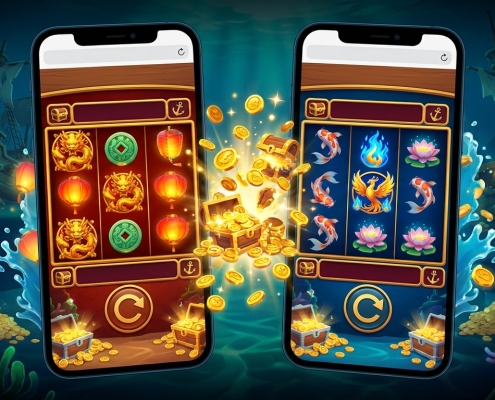An illustration of two Asian-themed slot games side by side in phone browsers, with a burst of gold coins between them.