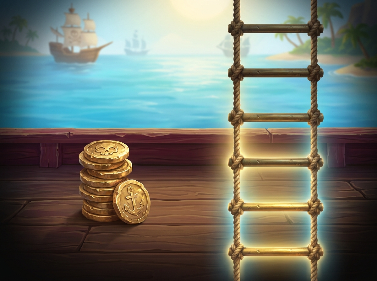A stack of gold coins beside a glowing rope ladder: coins are your balance at 1 coin = RM 1, while XP is progress up the ranks, not money.