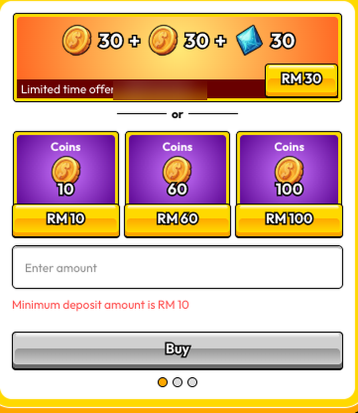 The Pirate777 Deposit window read on 1 October 2026: the RM 30 tile printing 30 coins + 30 coins + 30 XP, three coin packages at RM 10, RM 60 and RM 100, the Enter amount field with 'Minimum deposit amount is RM 10', and the Buy button. The offer timer is blurred.