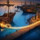 A glowing treasure chest travels along a single rail of light from a pirate ship to a stone bank vault on the shore at dusk.
