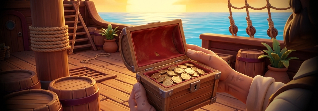 A pirate captain's hands holding a small open chest of gold coins on a ship's deck at sunset.