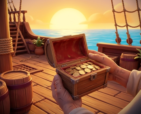 A pirate captain's hands holding a small open chest of gold coins on a ship's deck at sunset.