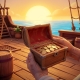 A pirate captain's hands holding a small open chest of gold coins on a ship's deck at sunset.