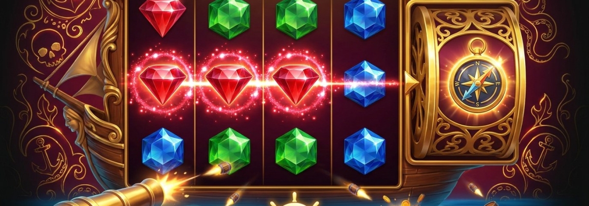 An illustration of a gem slot game on a ship: a line of red rubies wins across the reels, with a separate reel on the right — Fortune Gems guide on Pirate777.