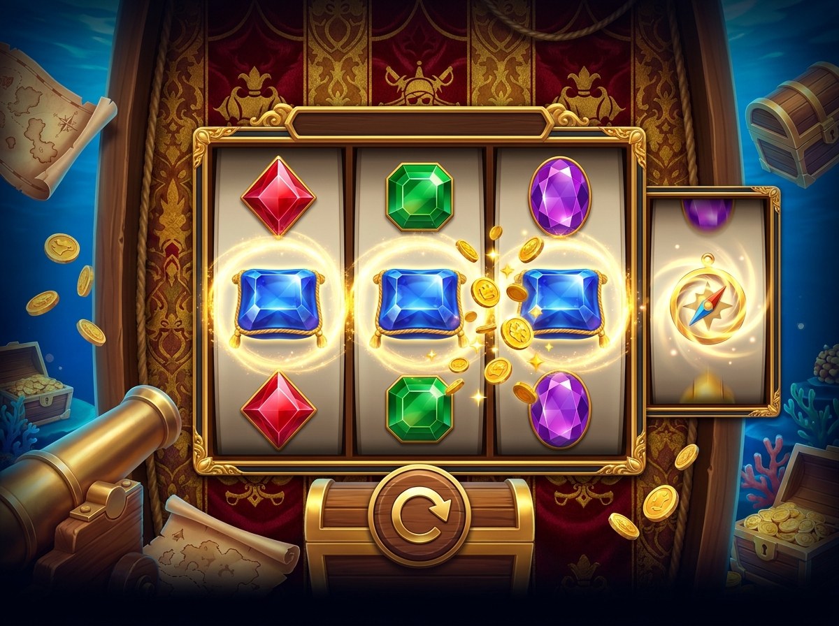 An illustration of a three-reel gem slot with a side reel on the right, blue gems lining up across the middle — how a Fortune Gems-style line win looks.