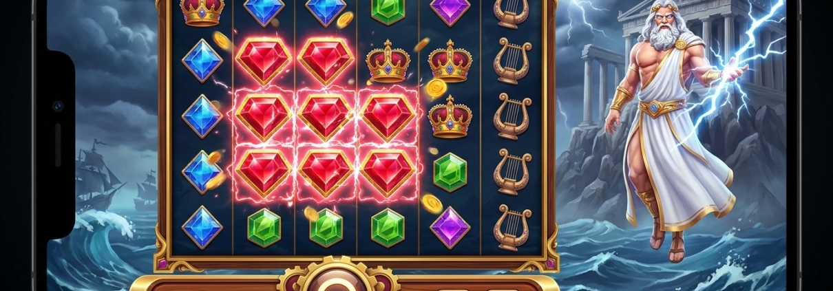 Ilustrasi permainan slot dewa Yunani di telefon: gelendong permata di sebelah dewa berjanggut memegang kilat di atas laut — panduan Gates of Olympus di Pirate777.