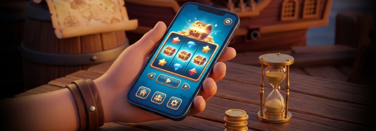 An illustration of a hand holding a phone with a pirate-themed slot game on screen, beside a small stack of coins and a sand timer — learning a Jili game with a small, time-limited first session.