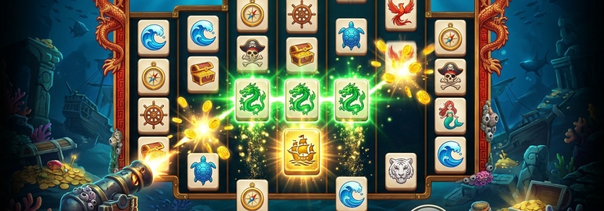 An illustration of a mahjong-tile slot game under the sea, with a glowing row of dragon tiles across the reels — Mahjong Ways 2 guide on Pirate777.