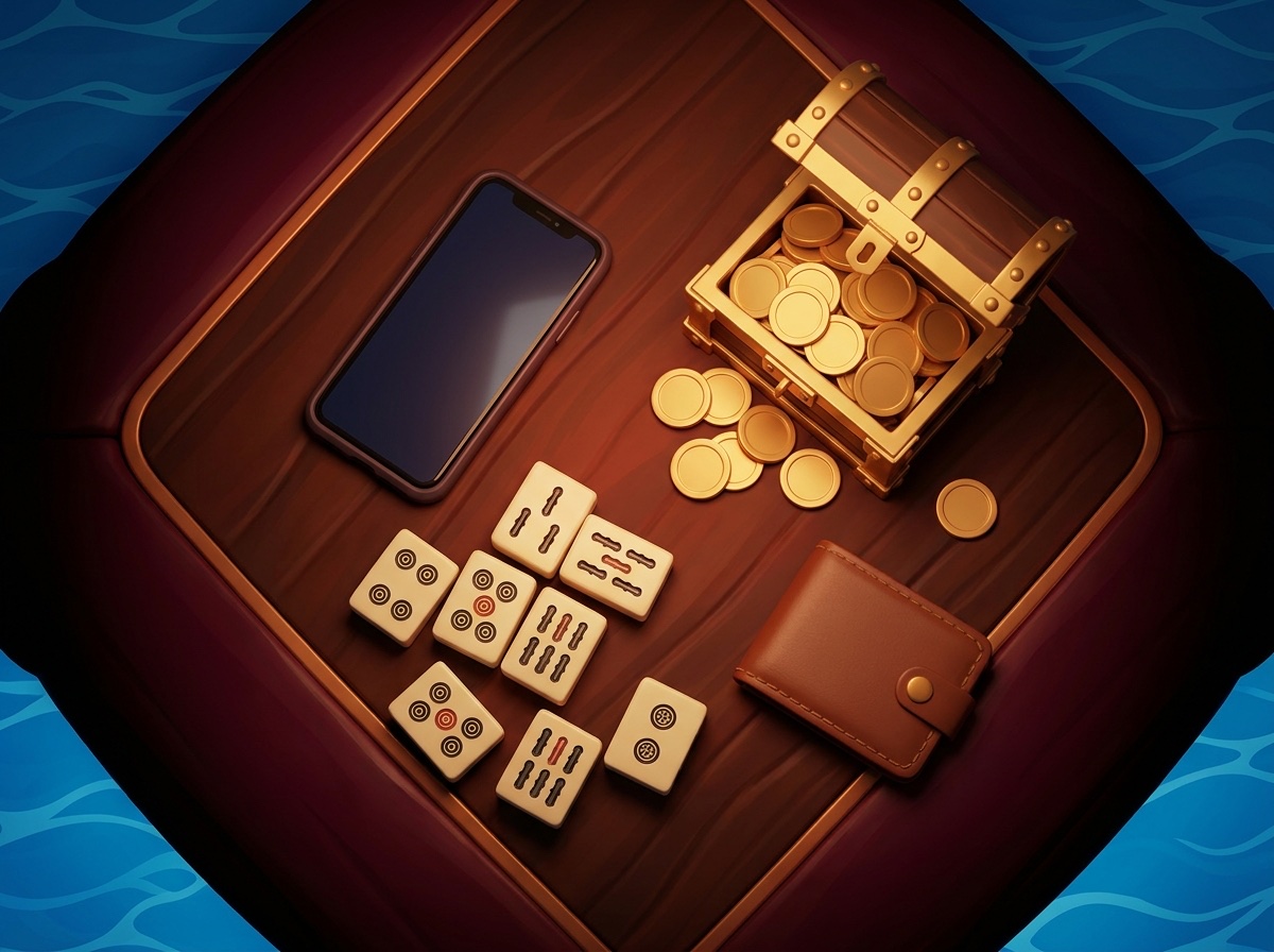 Illustration: a phone, mahjong tiles, a chest of gold coins and a wallet on a wooden table.