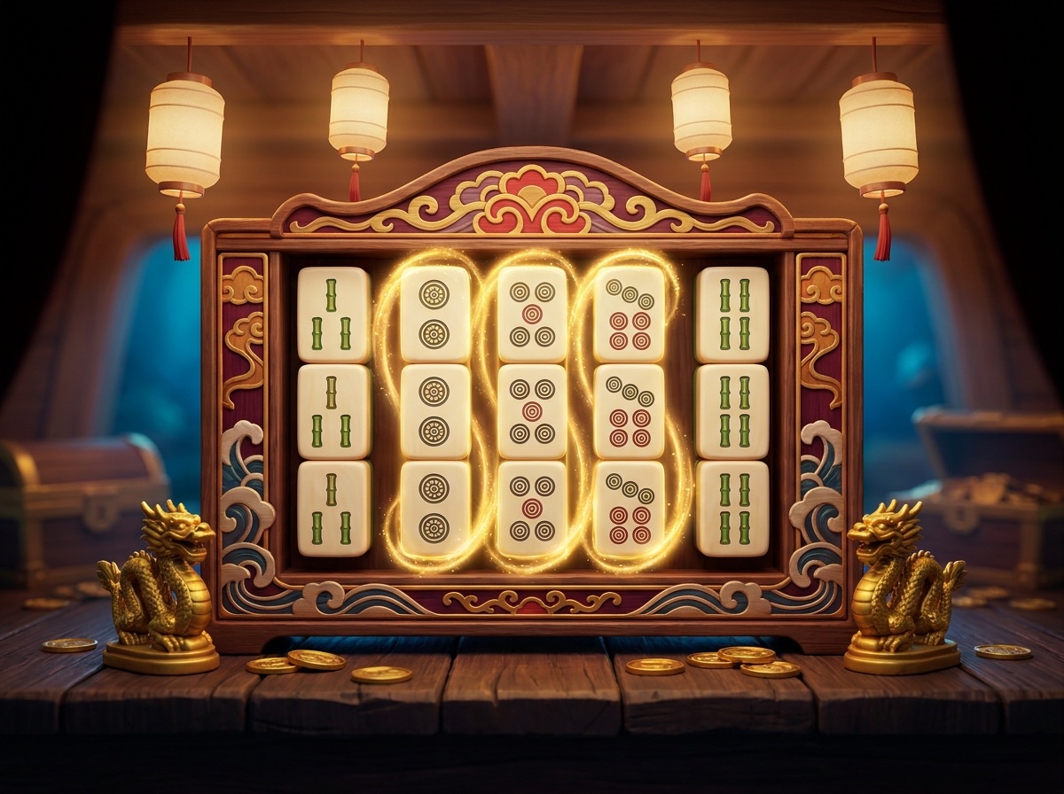Illustration: five columns of mahjong tiles in a dragon frame, the three middle columns glowing gold.