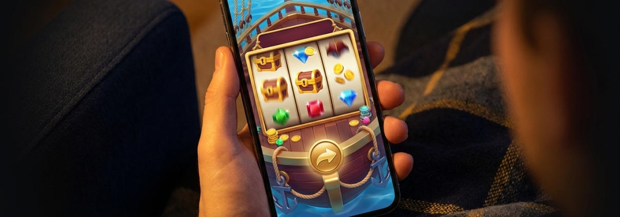 Ilustrasi tangan memegang telefon dengan permainan slot bertema lanun di skrin — mencuba slot secara percuma dengan Cuba Free di Pirate777.