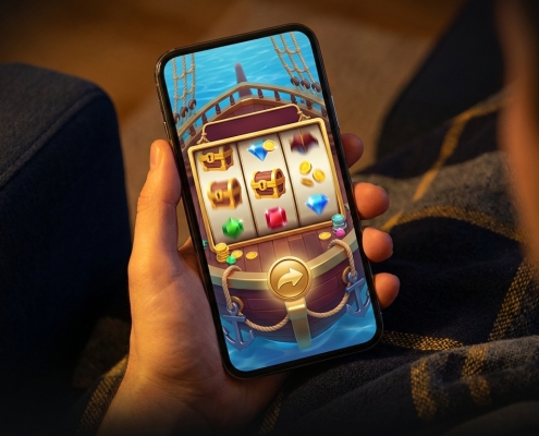 An illustration of a hand holding a phone with a pirate-themed slot game on screen — trying a slot for free with Try Free on Pirate777.