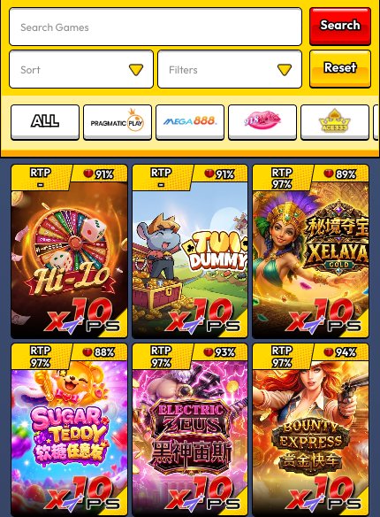 Pirate777 slot lobby with the search bar and provider row; each PlayStar x10 tile shows its RTP top-left (97% for Xelaya Gold, Sugar Teddy, Electric Zeus and Bounty Express, a dash for HILO and TUI DUMMY) and the lobby rating top-right.