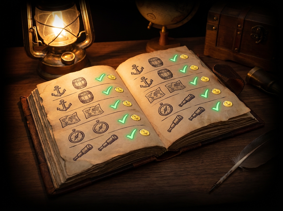 An illustration of an open captain's logbook listing tasks, most rows ticked off, each tick beside a gold coin.