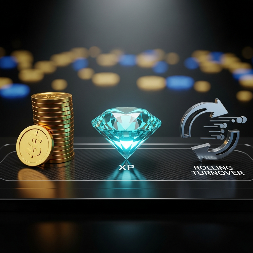 The three numbers behind Pirate777's rank system: coins (balance), experience points (XP) and rolling (turnover).