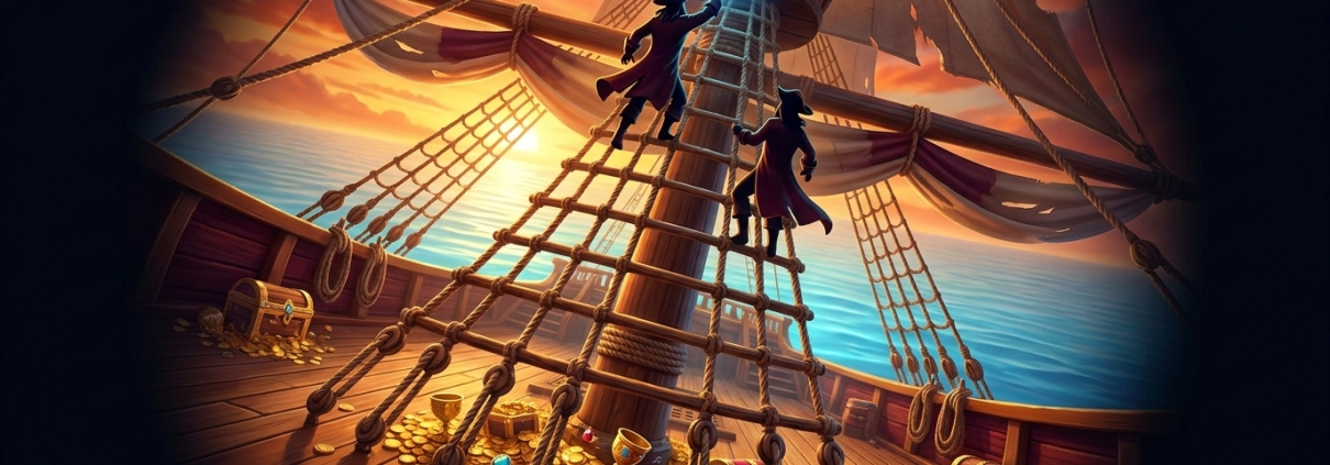 An illustration of pirate crew climbing a rope ladder up a ship's mast towards a glowing blue gem, with gold coins on the deck.
